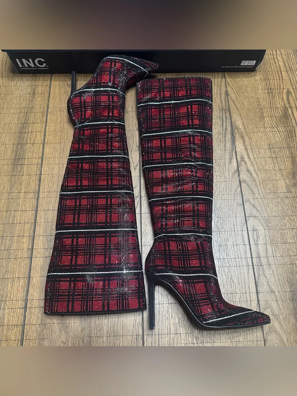INC Saveria Red Plaid Rhinestone Over-The-Knee Stiletto Boots 6.5